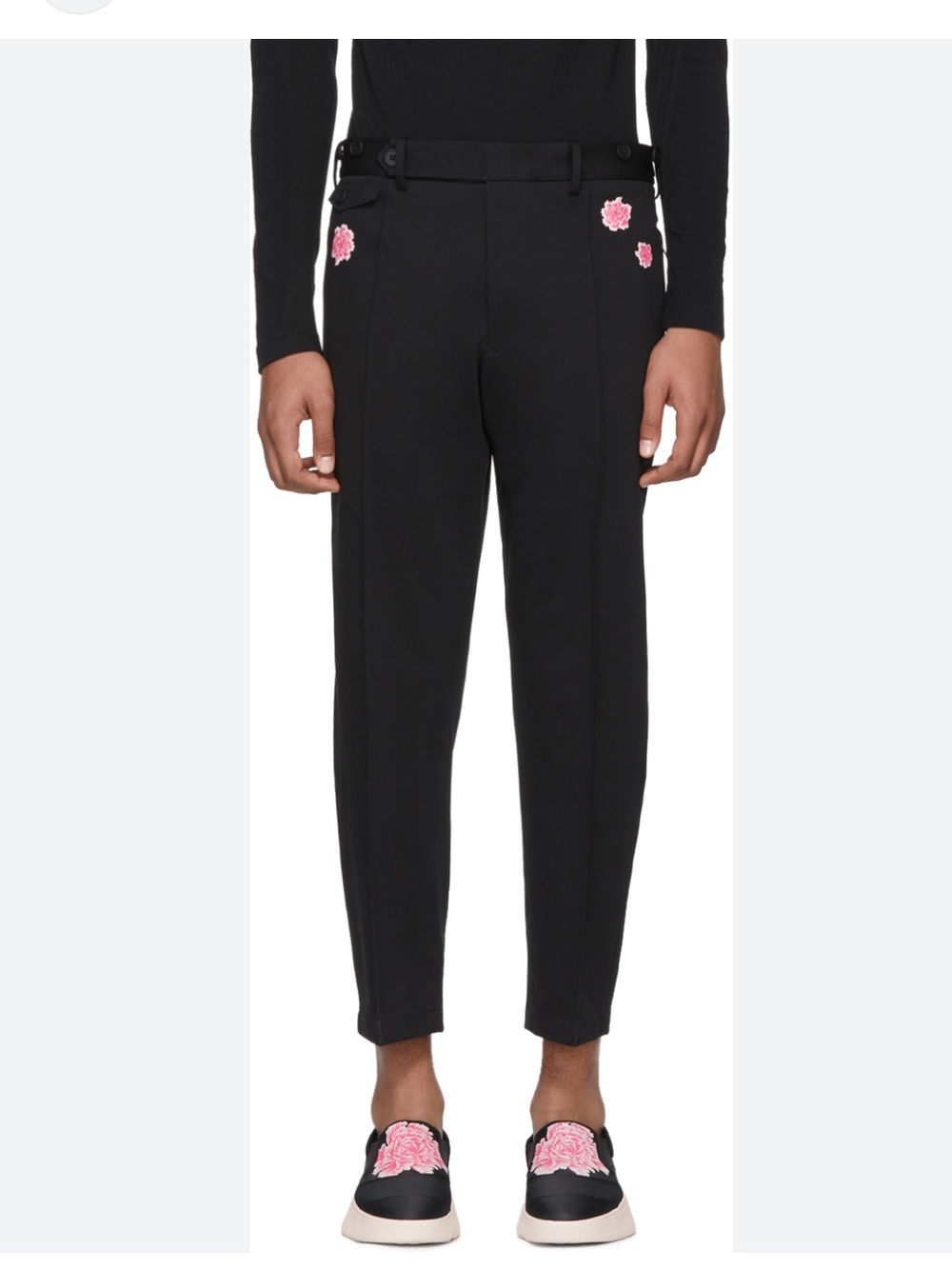 Y-3 Adidas Black James Harden Cropped Slim Trousers Pink Floral Applique